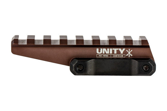 The Unity Tactical FAST FDE holographic sight riser is machined from aluminum and hardcoat anodized